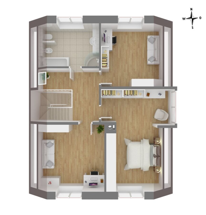 18347 Ostseebad Dierhagen, Einfamilienhaus zum Kauf | Grundriss Obergeschoss 3D | Reiser Immobilien